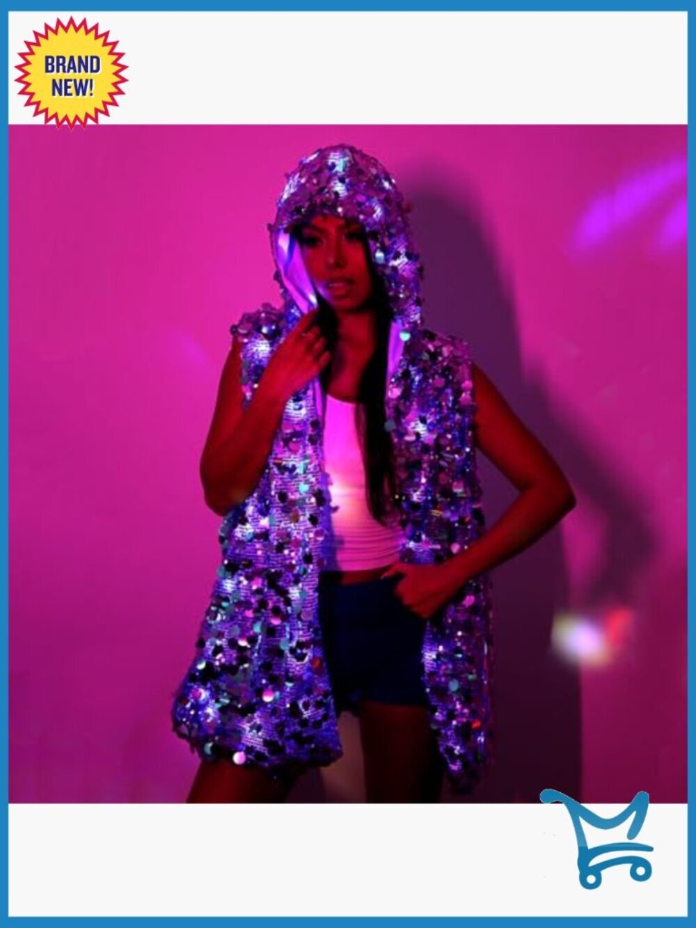 Sequined LED Light Up Vest Hooded Rave Festival Jacket Multicolor Glow - Picture 4 of 7